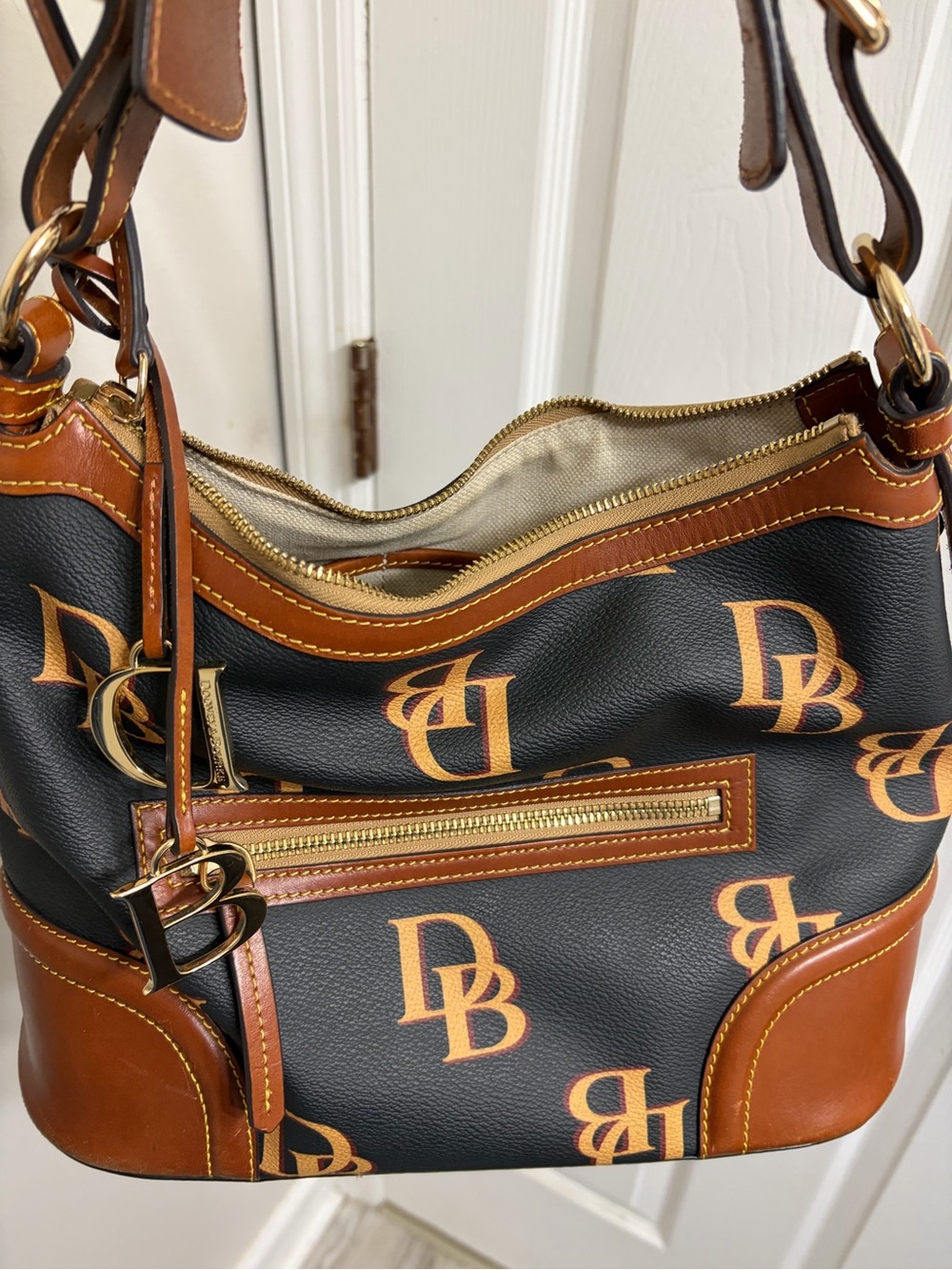 Dooney & Bourke Black and Brown DB Logo Hobo with Gold Hardware
